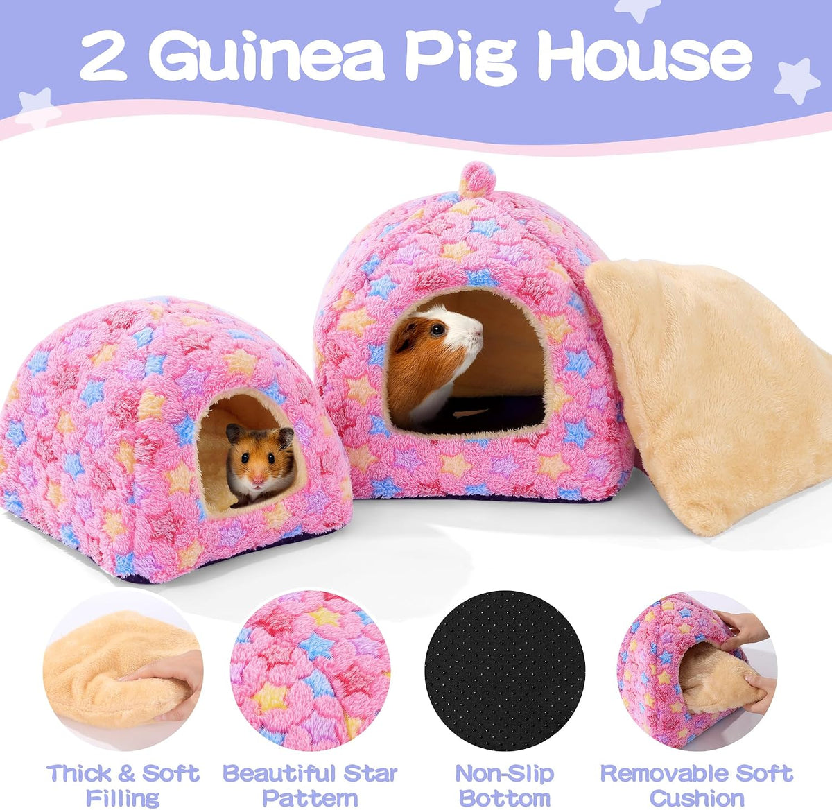 3 Pack Guinea Pig House Accessories, 2 Cozy Guinea Pig Bed and Hideout Tunnel, Chinchillas Hideout for Hamster, Rabbit, Bunny, Chinchillas (Pink, L)