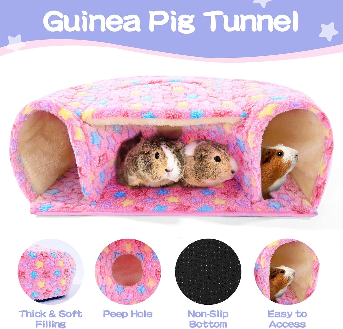 3 Pack Guinea Pig House Accessories, 2 Cozy Guinea Pig Bed and Hideout Tunnel, Chinchillas Hideout for Hamster, Rabbit, Bunny, Chinchillas (Pink, L)