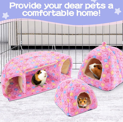 3 Pack Guinea Pig House Accessories, 2 Cozy Guinea Pig Bed and Hideout Tunnel, Chinchillas Hideout for Hamster, Rabbit, Bunny, Chinchillas (Pink, L)