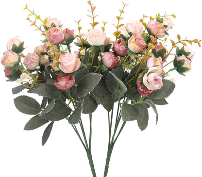 7 Branch 21 Mini Rose Heads Artificial Flowers Bouquet Wedding Home Office Decor,Pack of 2 (2 PCS Pink)