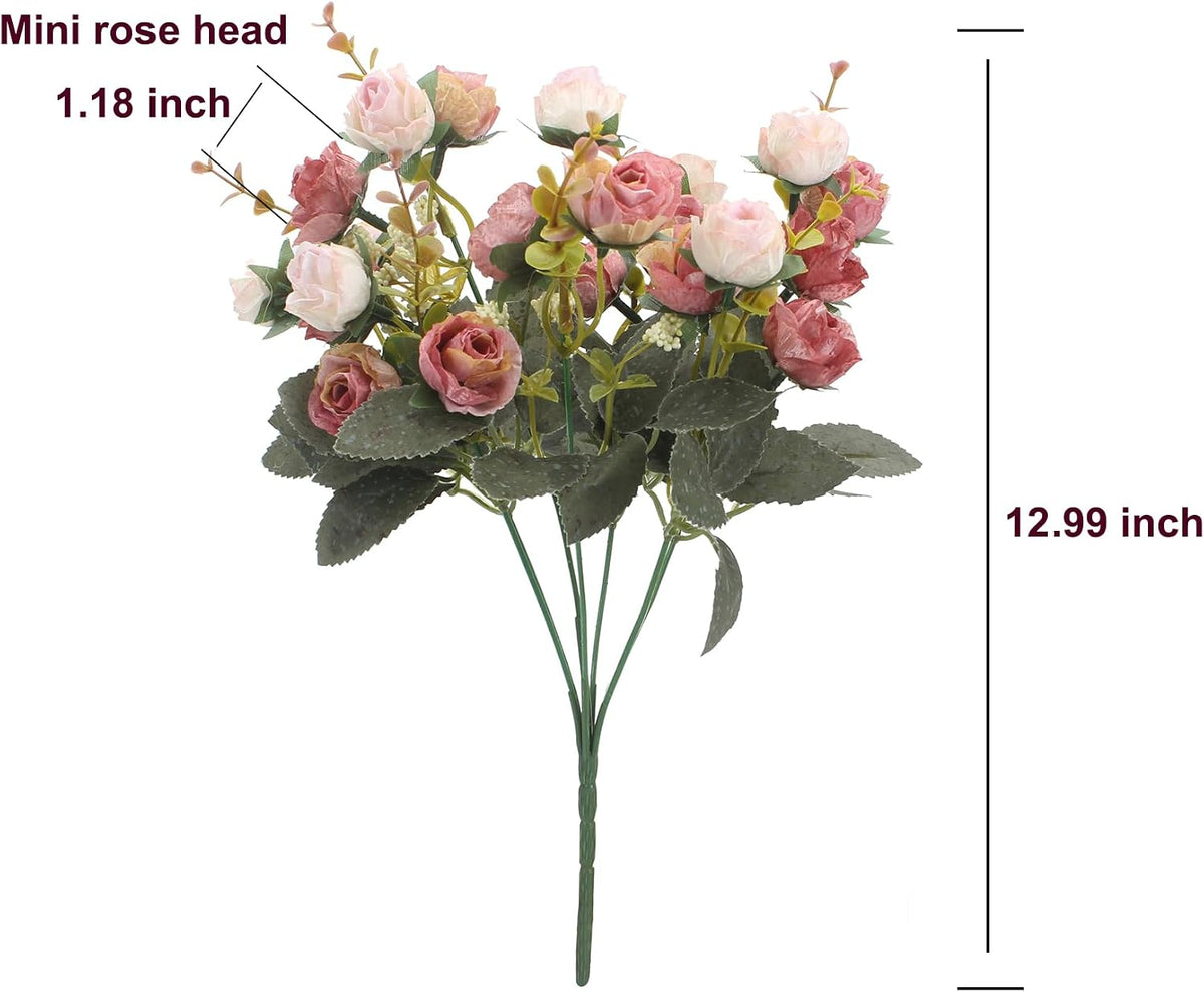 7 Branch 21 Mini Rose Heads Artificial Flowers Bouquet Wedding Home Office Decor,Pack of 2 (2 PCS Pink)