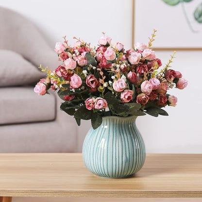7 Branch 21 Mini Rose Heads Artificial Flowers Bouquet Wedding Home Office Decor,Pack of 2 (2 PCS Pink)