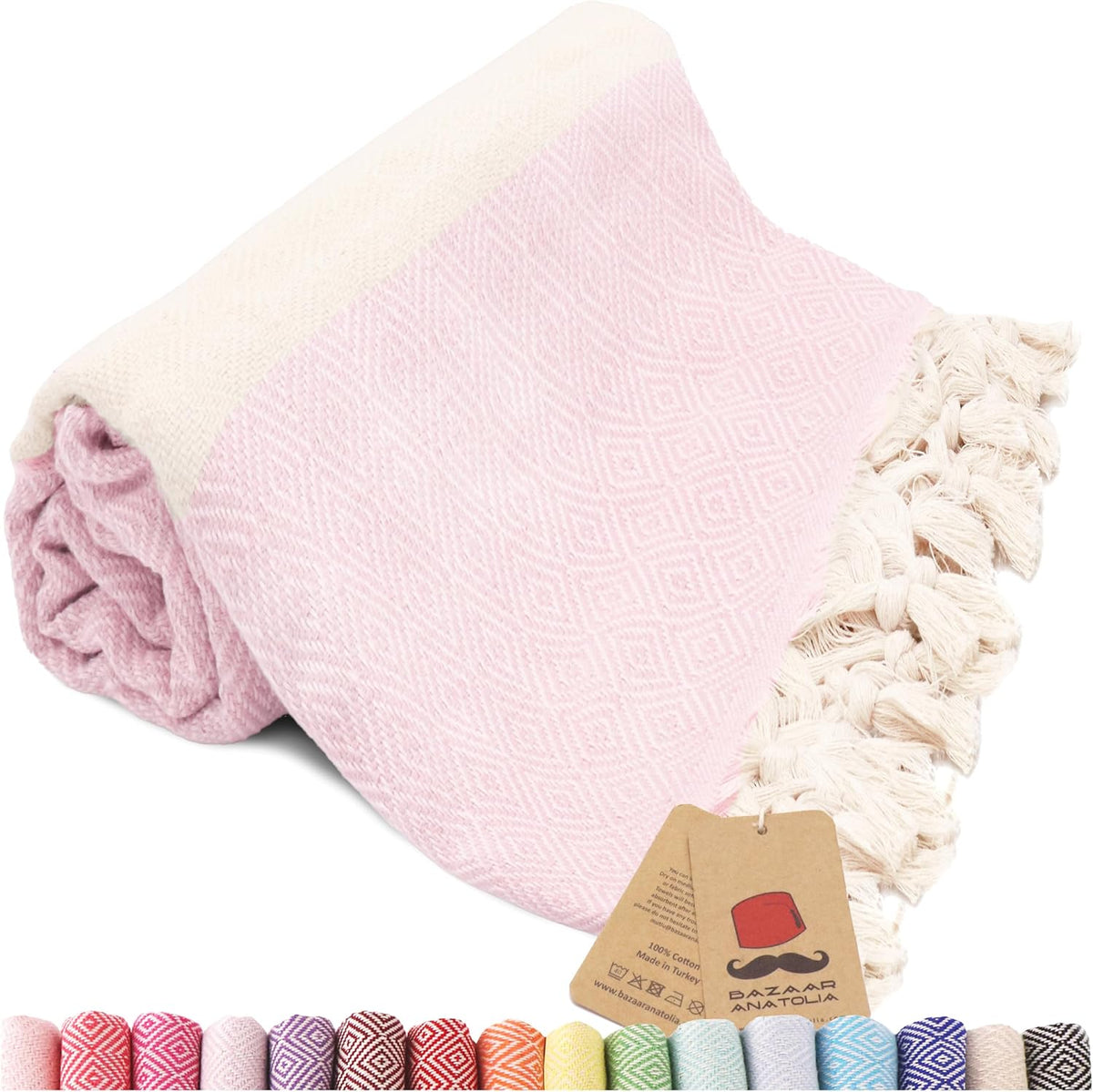 Turkish Beach Towel, 100% Cotton, 71x39 in, Diamond Pink