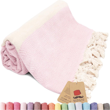 Turkish Beach Towel, 100% Cotton, 71x39 in, Diamond Pink