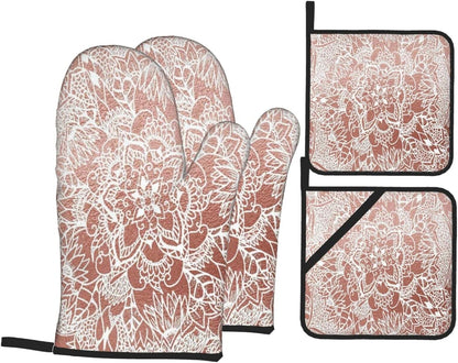 Rose Gold Pink Flower Pattern 4 Pack Custom Design Oven Mitts Pot Holders Set, Thick Polyester Kitchen Gloves for Home Baking Backyard Grilling