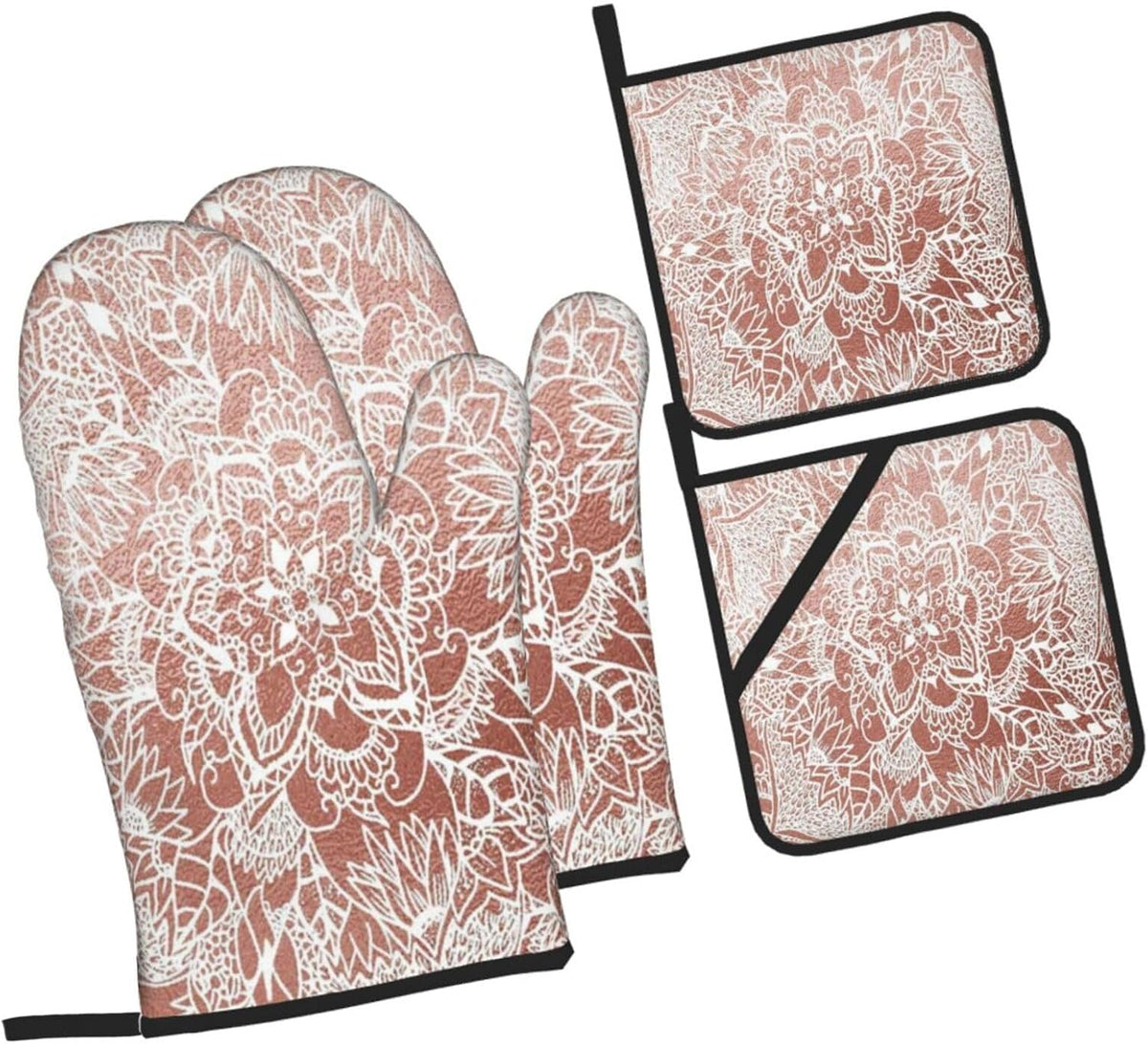 Rose Gold Pink Flower Pattern 4 Pack Custom Design Oven Mitts Pot Holders Set, Thick Polyester Kitchen Gloves for Home Baking Backyard Grilling