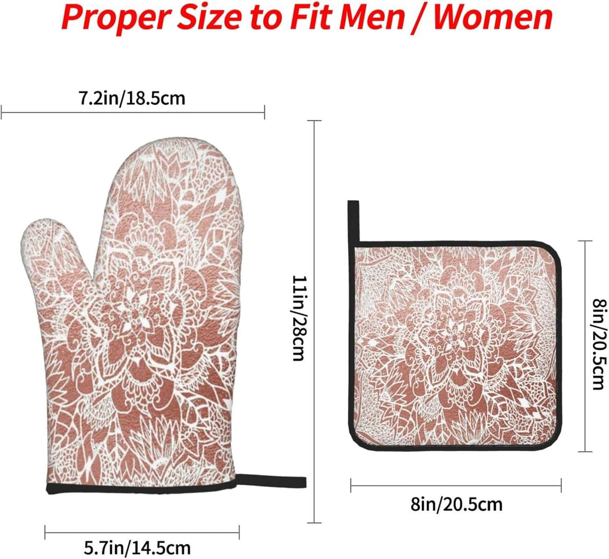 Rose Gold Pink Flower Pattern 4 Pack Custom Design Oven Mitts Pot Holders Set, Thick Polyester Kitchen Gloves for Home Baking Backyard Grilling
