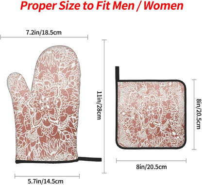 Rose Gold Pink Flower Pattern 4 Pack Custom Design Oven Mitts Pot Holders Set, Thick Polyester Kitchen Gloves for Home Baking Backyard Grilling