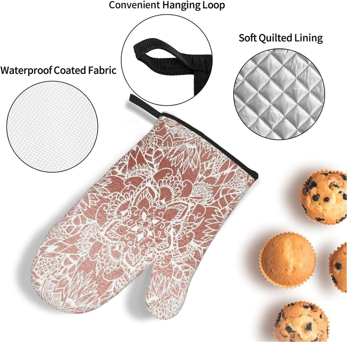 Rose Gold Pink Flower Pattern 4 Pack Custom Design Oven Mitts Pot Holders Set, Thick Polyester Kitchen Gloves for Home Baking Backyard Grilling