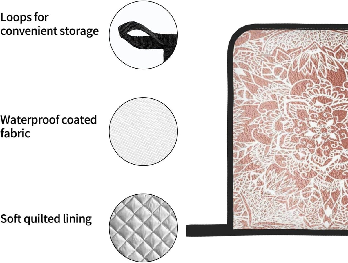 Rose Gold Pink Flower Pattern 4 Pack Custom Design Oven Mitts Pot Holders Set, Thick Polyester Kitchen Gloves for Home Baking Backyard Grilling