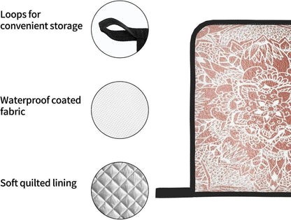Rose Gold Pink Flower Pattern 4 Pack Custom Design Oven Mitts Pot Holders Set, Thick Polyester Kitchen Gloves for Home Baking Backyard Grilling