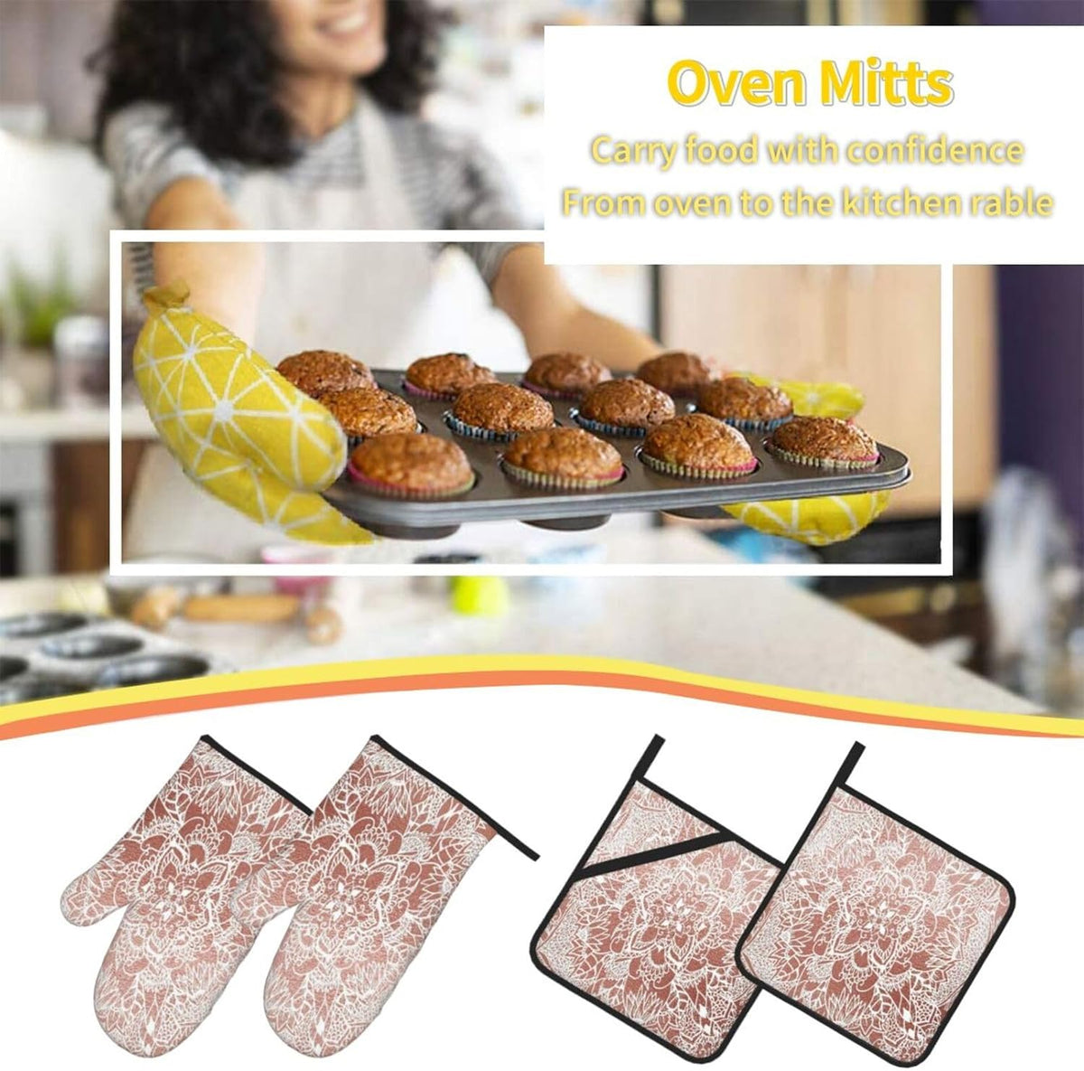 Rose Gold Pink Flower Pattern 4 Pack Custom Design Oven Mitts Pot Holders Set, Thick Polyester Kitchen Gloves for Home Baking Backyard Grilling