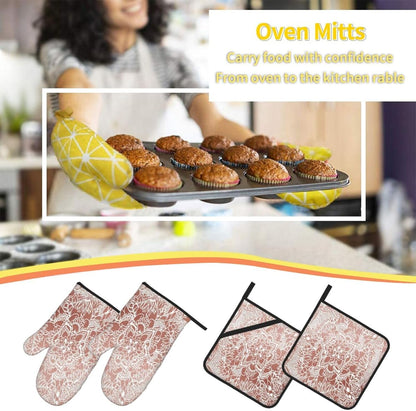 Rose Gold Pink Flower Pattern 4 Pack Custom Design Oven Mitts Pot Holders Set, Thick Polyester Kitchen Gloves for Home Baking Backyard Grilling