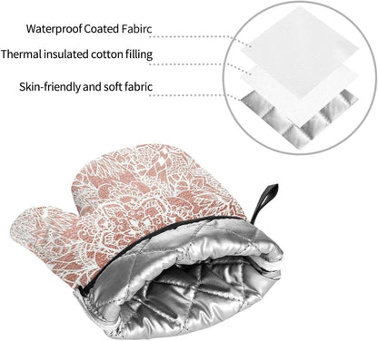 Rose Gold Pink Flower Pattern 4 Pack Custom Design Oven Mitts Pot Holders Set, Thick Polyester Kitchen Gloves for Home Baking Backyard Grilling