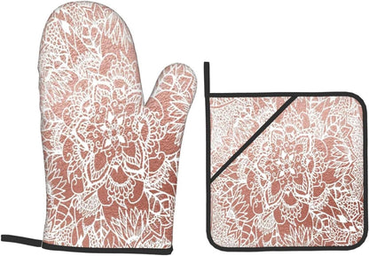 Rose Gold Pink Flower Pattern 4 Pack Custom Design Oven Mitts Pot Holders Set, Thick Polyester Kitchen Gloves for Home Baking Backyard Grilling