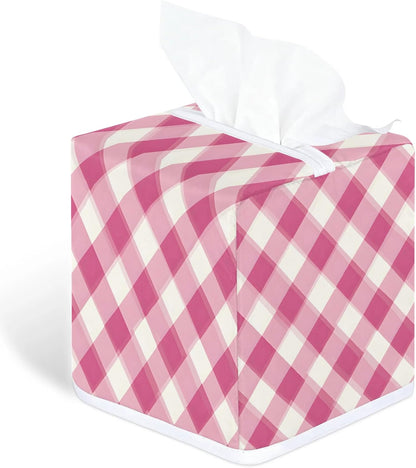 Pink Plaid Tissue Box Cover Square Napkin Holder for Home Bedroom Vanity Countertop Night Stands, Checkerboard