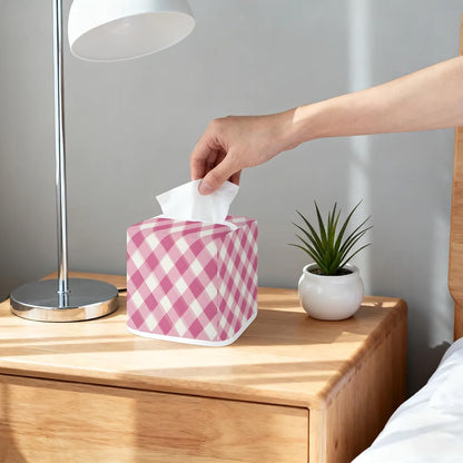 Pink Plaid Tissue Box Cover Square Napkin Holder for Home Bedroom Vanity Countertop Night Stands, Checkerboard