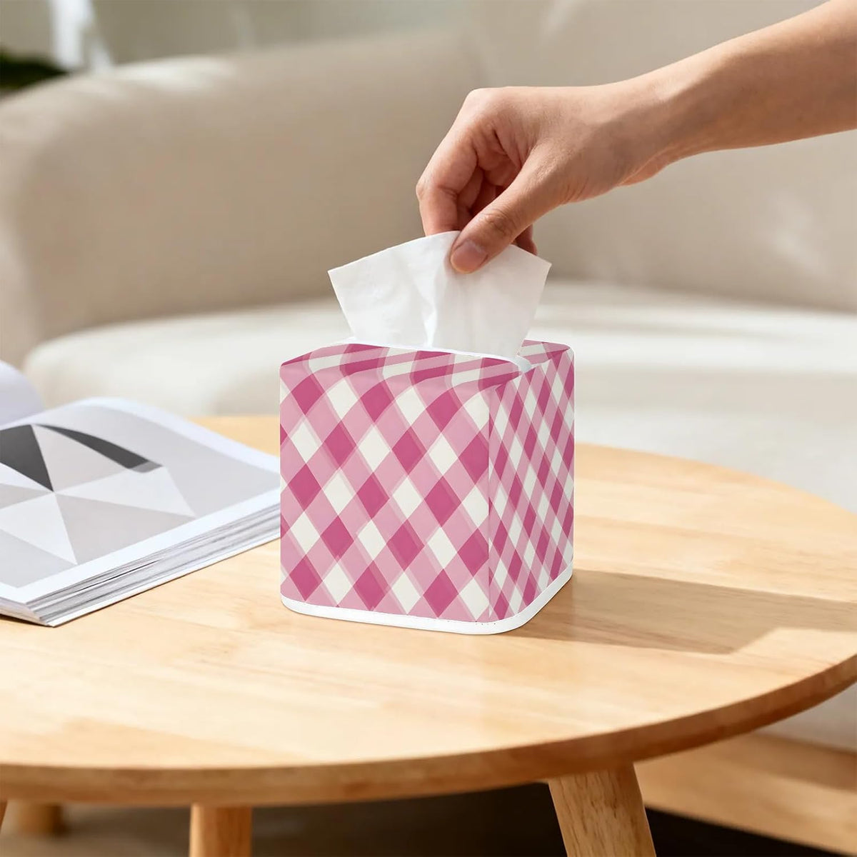 Pink Plaid Tissue Box Cover Square Napkin Holder for Home Bedroom Vanity Countertop Night Stands, Checkerboard