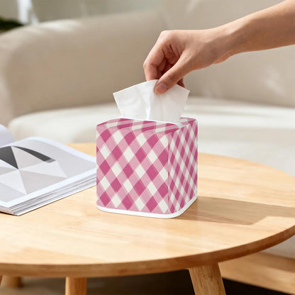 Pink Plaid Tissue Box Cover Square Napkin Holder for Home Bedroom Vanity Countertop Night Stands, Checkerboard