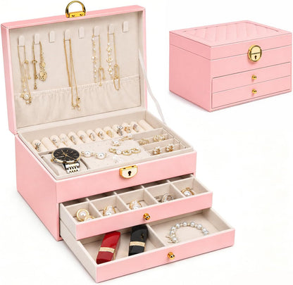 Jewelry Box for Women Girl Wife Jewelry Organizers and Storage with Lock 3 Layer Jewelry Boxes Organizers Large Jewelry Box with PU Leather Display for Earrings Rings Bracelets Watches