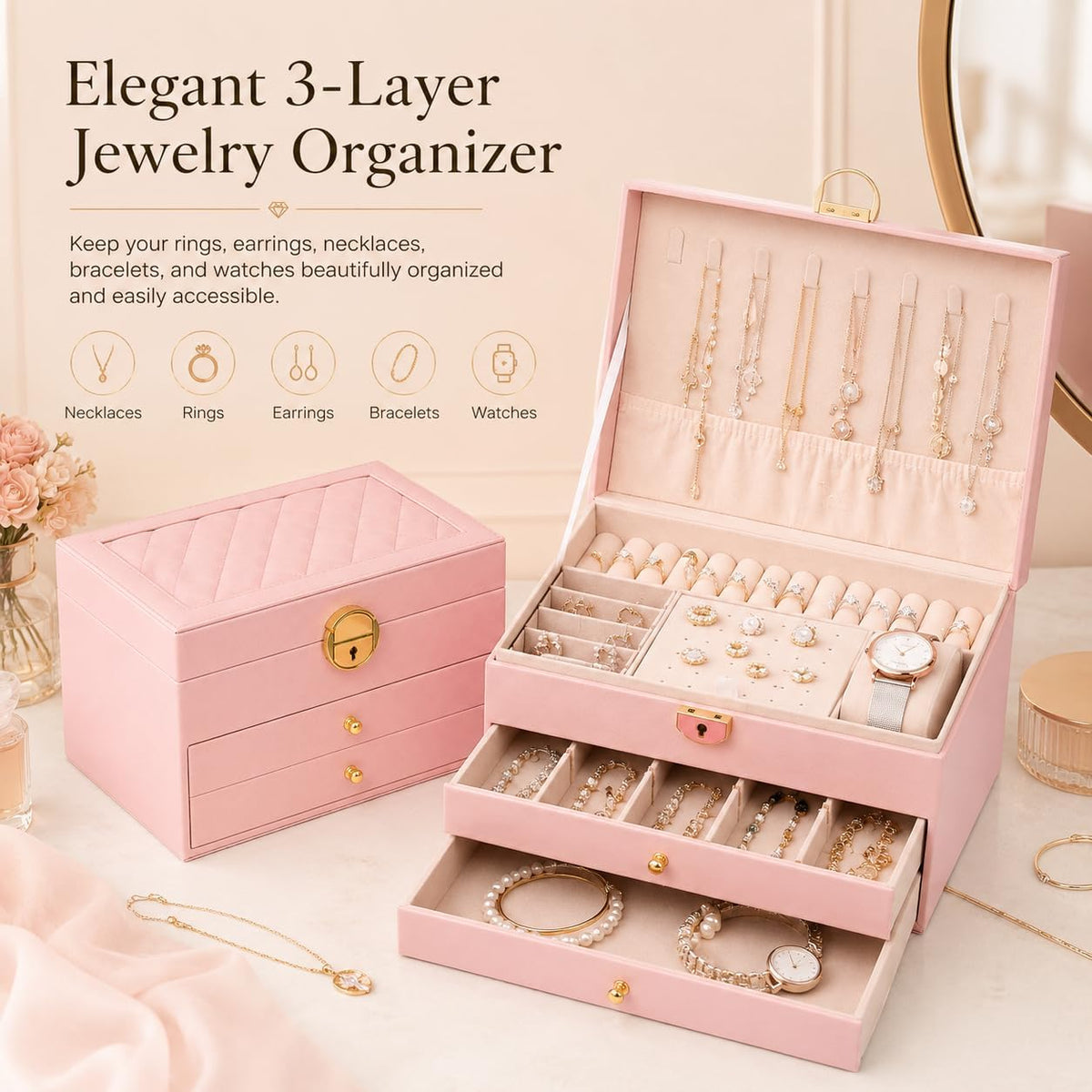 Jewelry Box for Women Girl Wife Jewelry Organizers and Storage with Lock 3 Layer Jewelry Boxes Organizers Large Jewelry Box with PU Leather Display for Earrings Rings Bracelets Watches