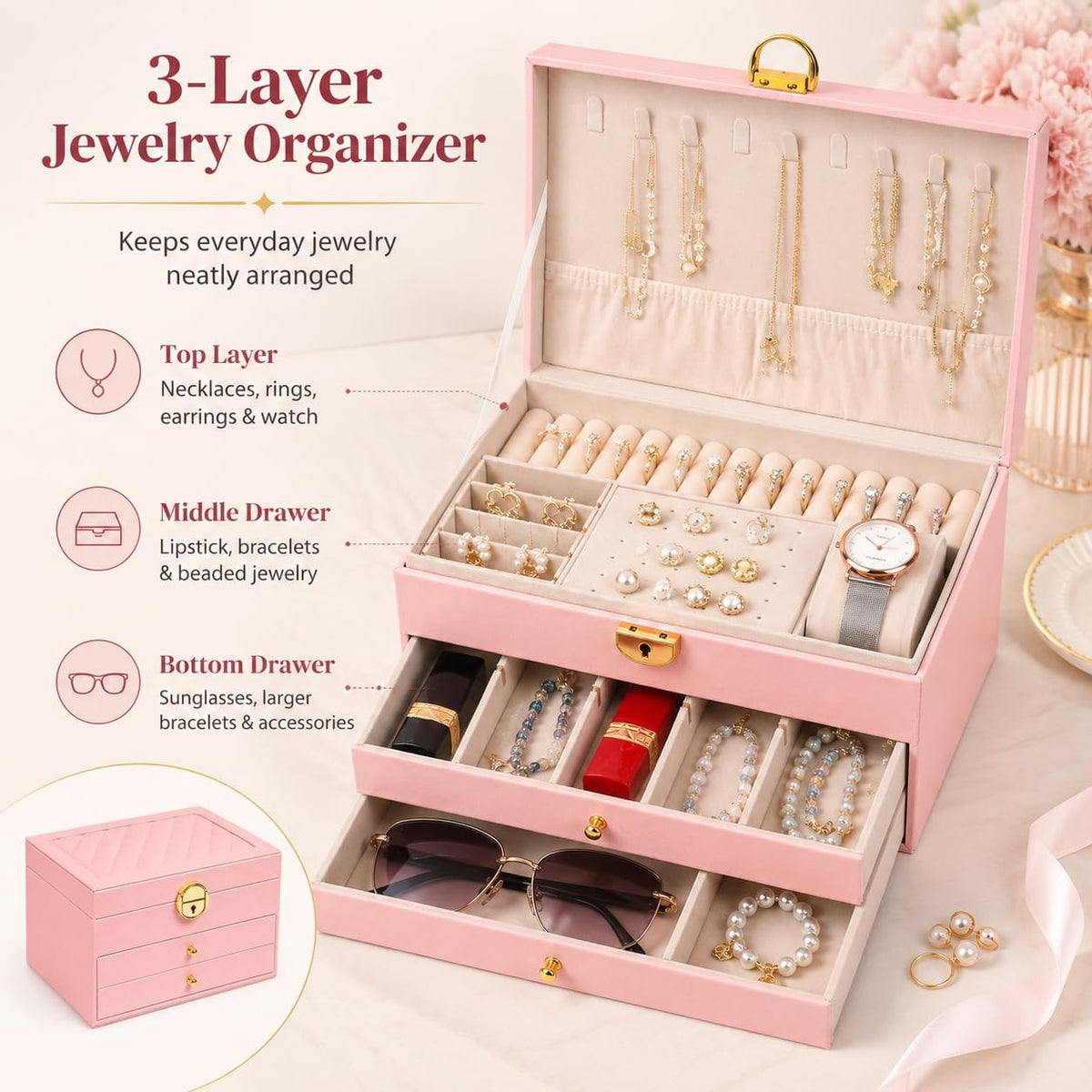 Jewelry Box for Women Girl Wife Jewelry Organizers and Storage with Lock 3 Layer Jewelry Boxes Organizers Large Jewelry Box with PU Leather Display for Earrings Rings Bracelets Watches