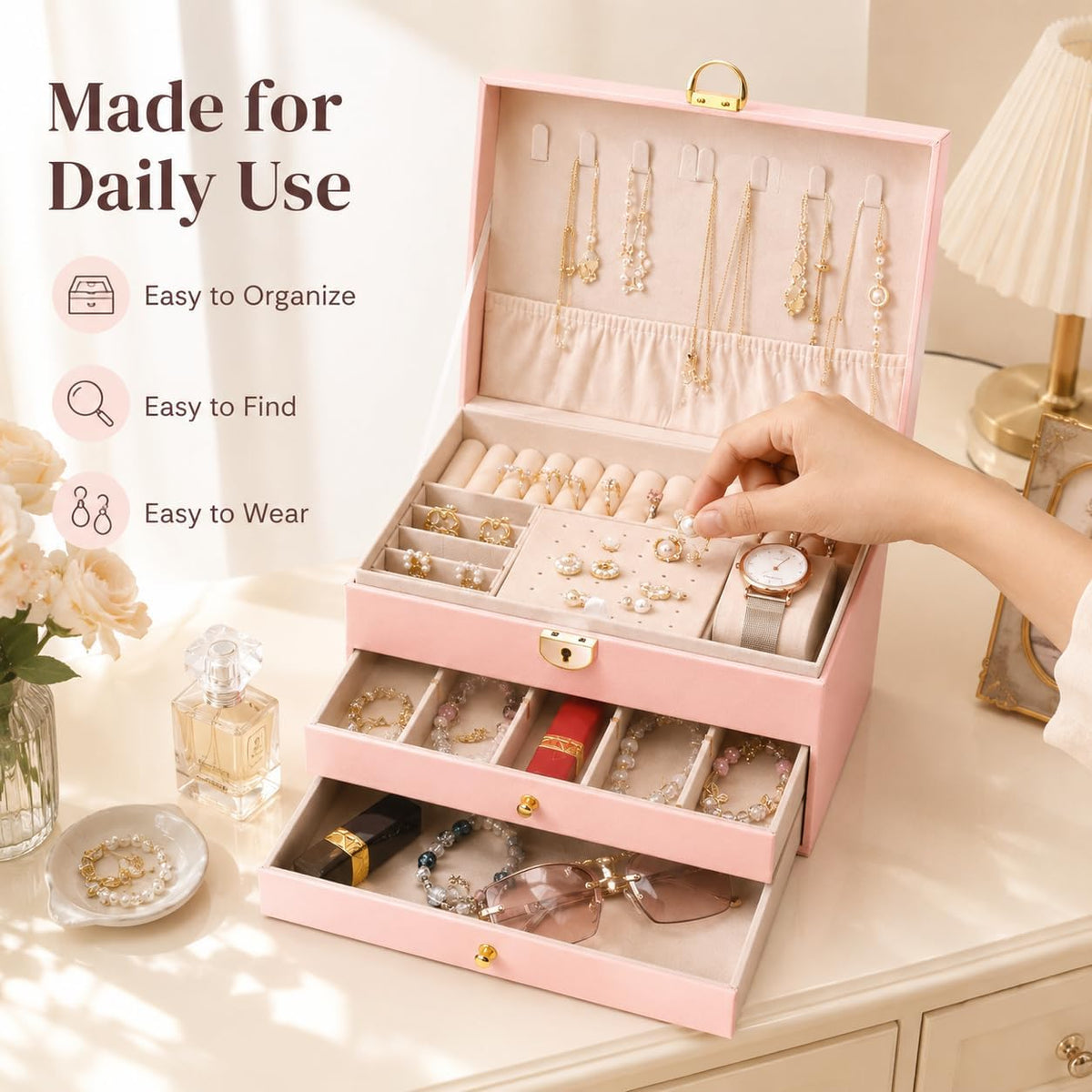 Jewelry Box for Women Girl Wife Jewelry Organizers and Storage with Lock 3 Layer Jewelry Boxes Organizers Large Jewelry Box with PU Leather Display for Earrings Rings Bracelets Watches