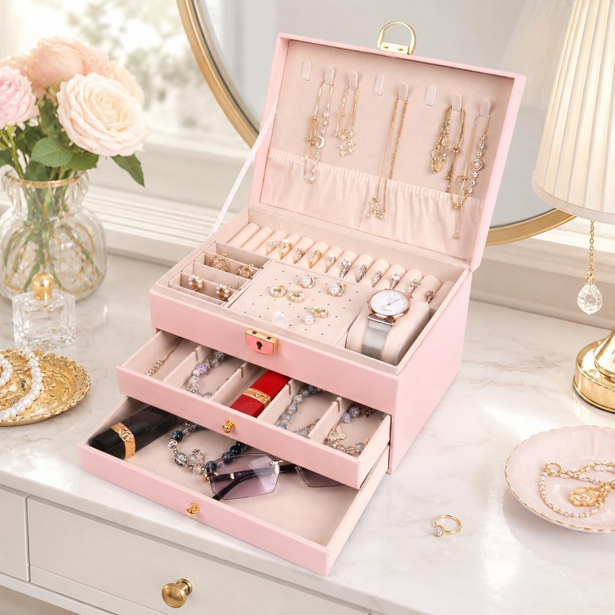 Jewelry Box for Women Girl Wife Jewelry Organizers and Storage with Lock 3 Layer Jewelry Boxes Organizers Large Jewelry Box with PU Leather Display for Earrings Rings Bracelets Watches