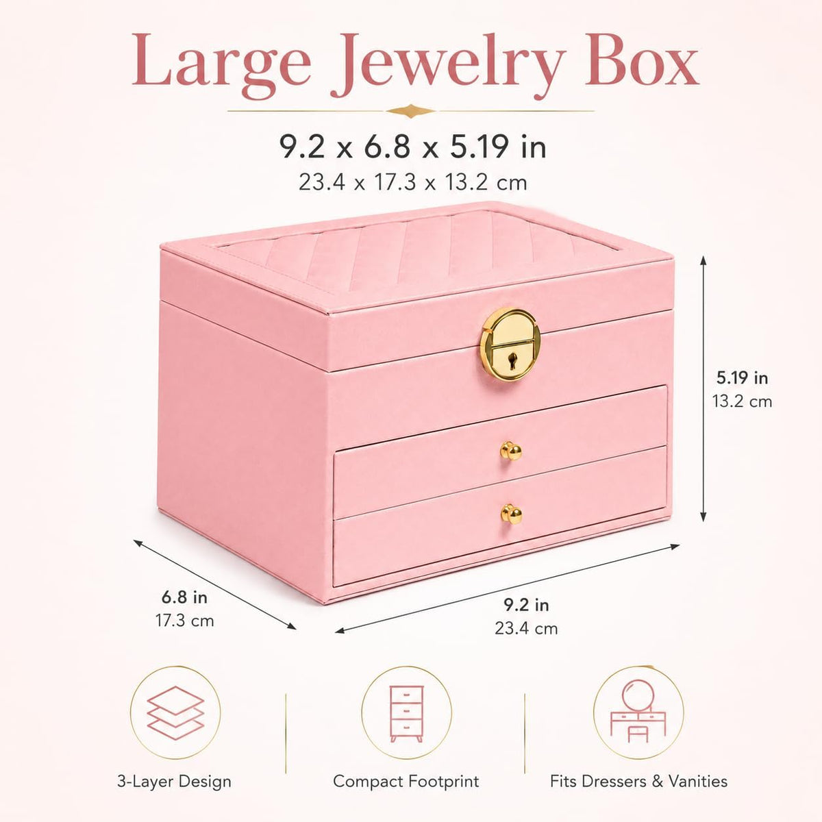 Jewelry Box for Women Girl Wife Jewelry Organizers and Storage with Lock 3 Layer Jewelry Boxes Organizers Large Jewelry Box with PU Leather Display for Earrings Rings Bracelets Watches