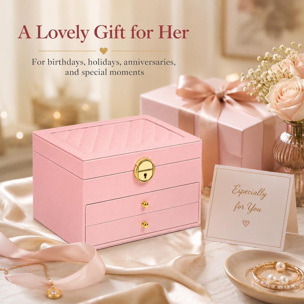 Jewelry Box for Women Girl Wife Jewelry Organizers and Storage with Lock 3 Layer Jewelry Boxes Organizers Large Jewelry Box with PU Leather Display for Earrings Rings Bracelets Watches