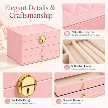 Jewelry Box for Women Girl Wife Jewelry Organizers and Storage with Lock 3 Layer Jewelry Boxes Organizers Large Jewelry Box with PU Leather Display for Earrings Rings Bracelets Watches
