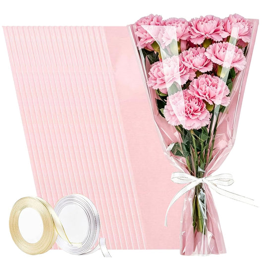 50PCS Pink Bouquet Wrapping Bags Kraft Floral Sleeves Clear Flower Wrapping Paper with 2 Roll Ribbons for Class of 2026 Graduation Nurse Week Anniversary Wedding Birthday Gift 17.9X11in
