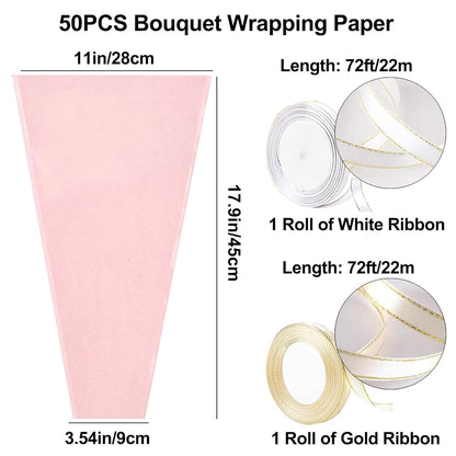 50PCS Pink Bouquet Wrapping Bags Kraft Floral Sleeves Clear Flower Wrapping Paper with 2 Roll Ribbons for Class of 2026 Graduation Nurse Week Anniversary Wedding Birthday Gift 17.9X11in