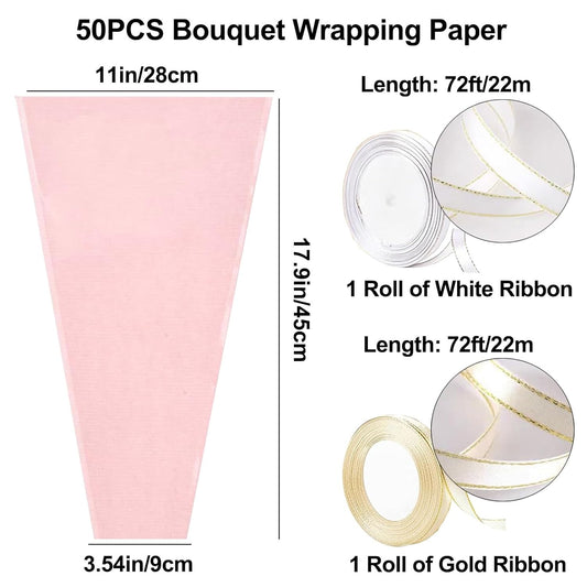 50PCS Pink Bouquet Wrapping Bags Kraft Floral Sleeves Clear Flower Wrapping Paper with 2 Roll Ribbons for Class of 2026 Graduation Nurse Week Anniversary Wedding Birthday Gift 17.9X11in