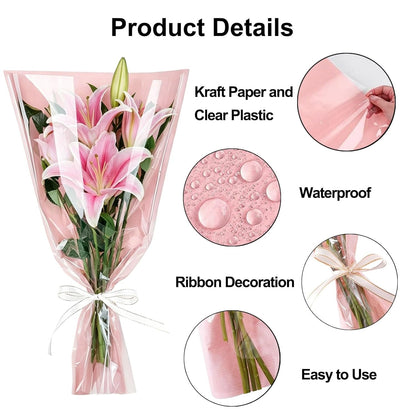 50PCS Pink Bouquet Wrapping Bags Kraft Floral Sleeves Clear Flower Wrapping Paper with 2 Roll Ribbons for Class of 2026 Graduation Nurse Week Anniversary Wedding Birthday Gift 17.9X11in
