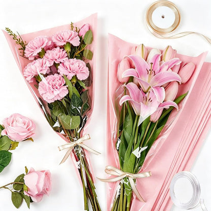 50PCS Pink Bouquet Wrapping Bags Kraft Floral Sleeves Clear Flower Wrapping Paper with 2 Roll Ribbons for Class of 2026 Graduation Nurse Week Anniversary Wedding Birthday Gift 17.9X11in