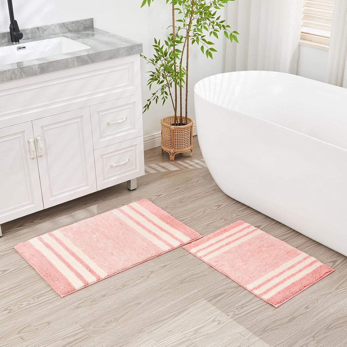Blossom Pink Striped 24"x16" Non Slip Washable Bath Mat