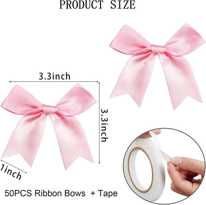 50 Pieces Gift Wrap Bows Premium Satin Ribbon Bows 3.3 Inch Craft Bows for Gift Wrapping DIY Treat Bags Holiday Gifts Bag Party Decorations, Wedding Decor Christmas Birthday Presents (Light Pink)