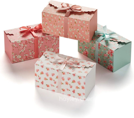 Floral Gift Boxes with Lids & Ribbons (20 Pack) 8” x 4” Cute Decorative Pastel Treat Boxes Empty for Small Presents, Cookies, Mithai Indian Sweets, Diwali, Candy, Party Favors, Bulk Unique Return Gift