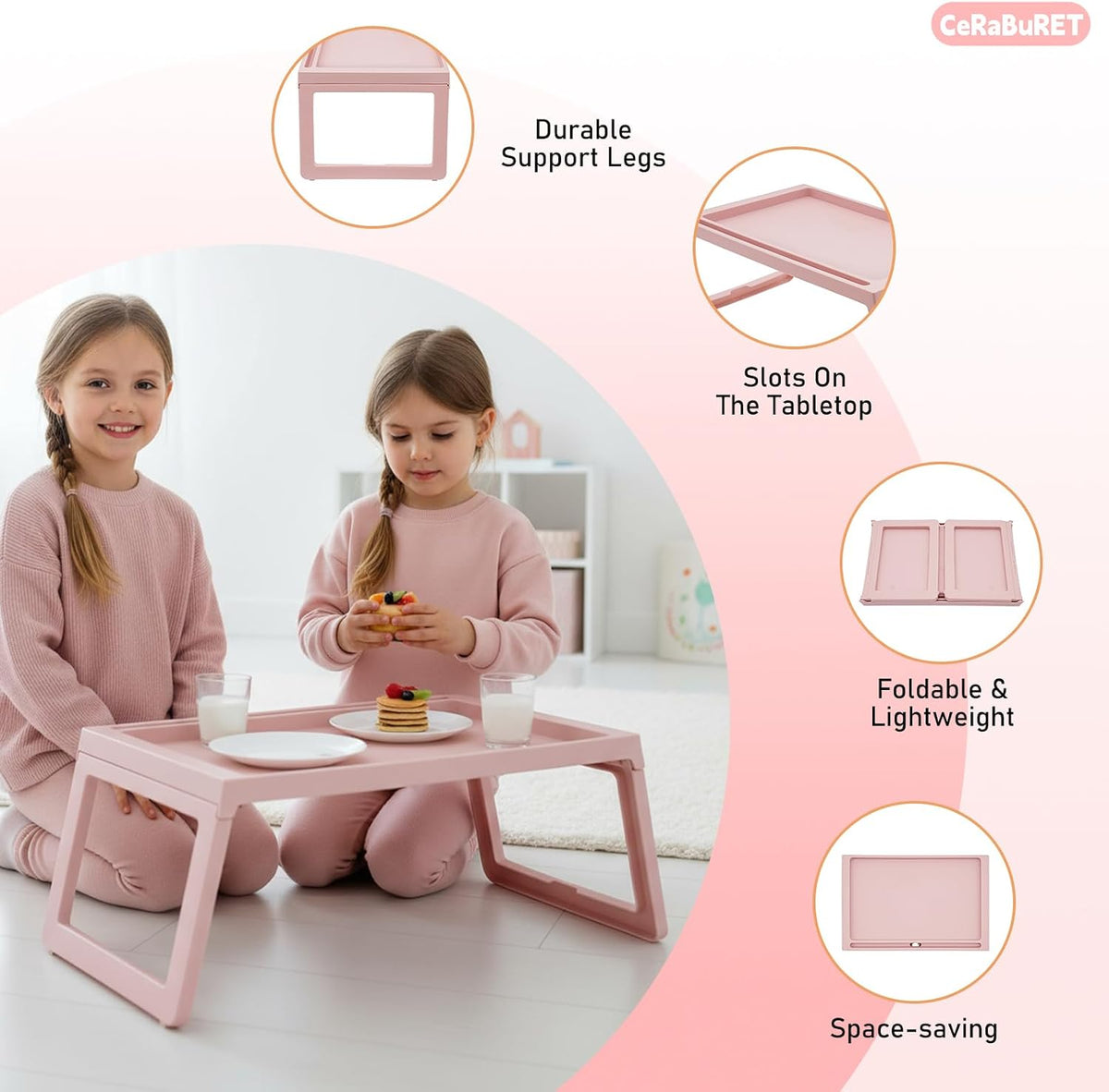 6 Pack Bed Tray Tables Breakfast Trays Serving Tray, Bed Laptap Desk with Foldable Design, Trays Folding Tables, Snack Table with Phone Slots for Eating, Sofa, Bed, Studying and Working (Pink)