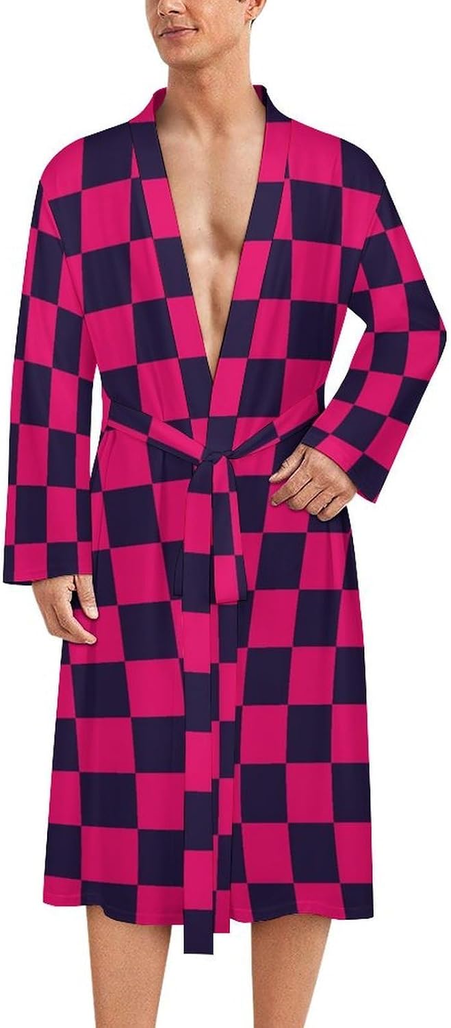 Navyblue Pink Checkered Print Robes for Men Women, Soft Bathrobe Long Men Womens Robes Lightweight Cozy Bath Robe