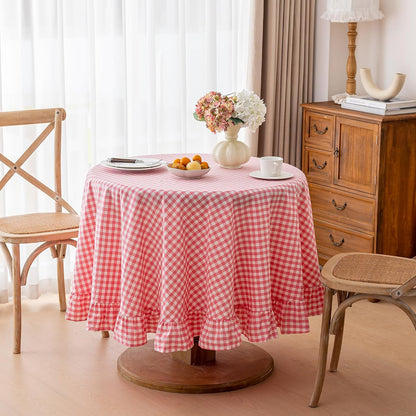 Checkered 100% Washed Cotton Tablecloth Ruffle Gingham Pink, Round 70"