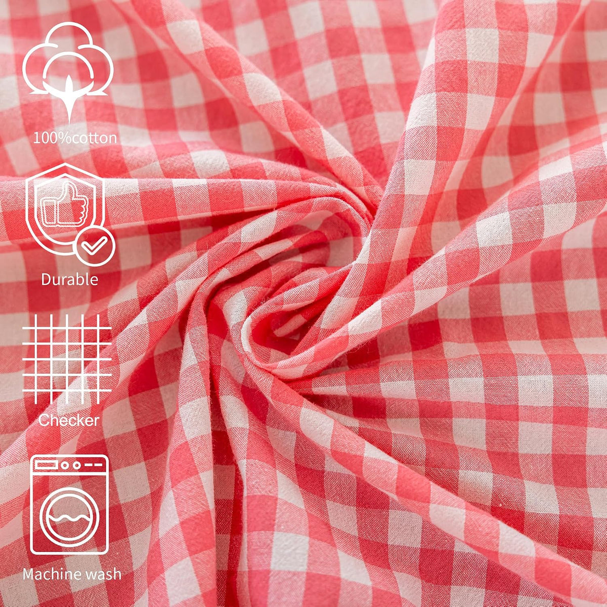Checkered 100% Washed Cotton Tablecloth Ruffle Gingham Pink, Round 70"