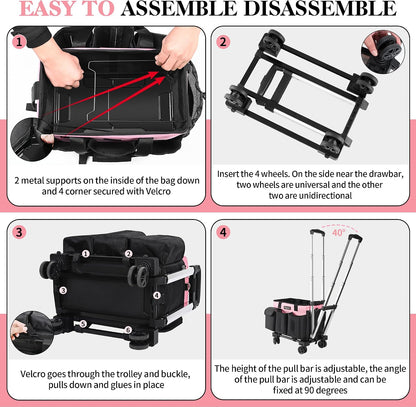 Rolling Cleaning Caddy, Cleaning Supplies Organizer with Trolley, Wearable Cleaning Tote Bag on Wheels with Hard Bottom, Cleaning Carts for Housekeepers/Home/Car/Office/Picnic (Pink)