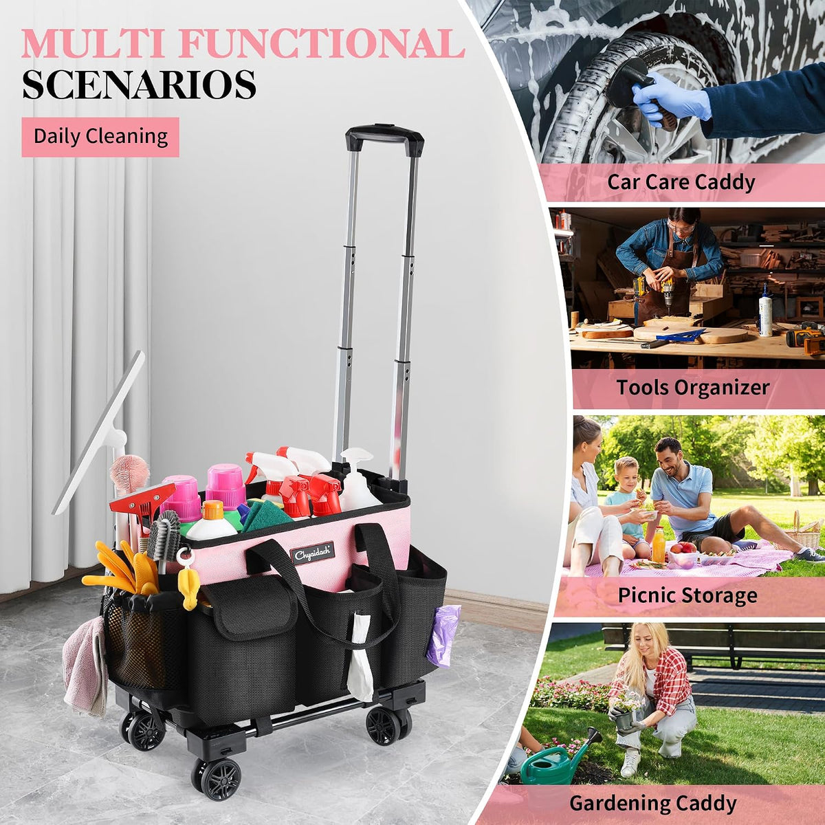 Rolling Cleaning Caddy, Cleaning Supplies Organizer with Trolley, Wearable Cleaning Tote Bag on Wheels with Hard Bottom, Cleaning Carts for Housekeepers/Home/Car/Office/Picnic (Pink)