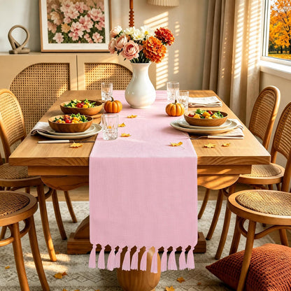 yuboo Pink Table Runner 72 Inches Long, Boho Woven Linen Farmhouse Dresser Table Runners with Tassels, Blush Pink Textured Table Decor for Kitchen Dining, Wedding, Party, Bridal Shower, Baby Shower