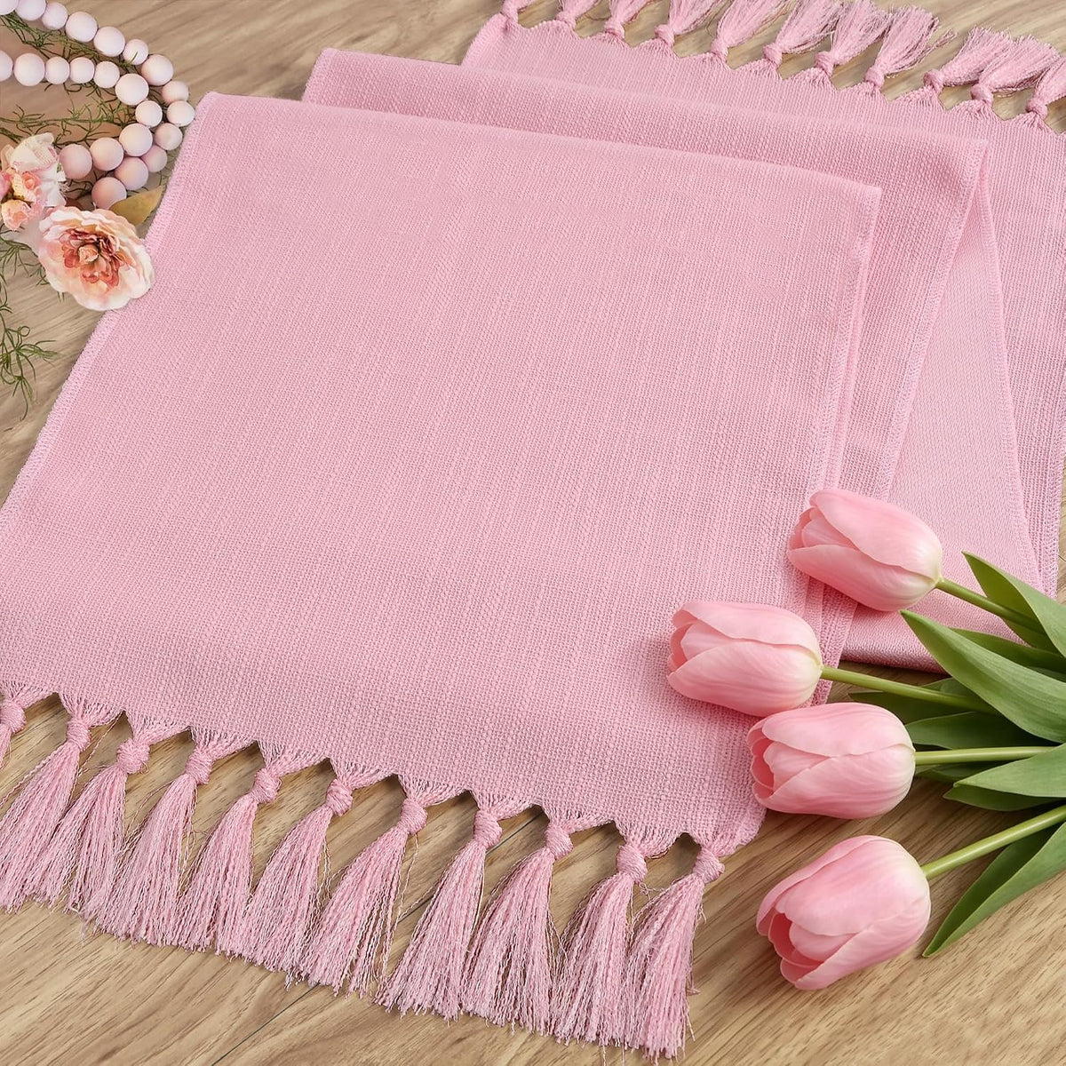 yuboo Pink Table Runner 72 Inches Long, Boho Woven Linen Farmhouse Dresser Table Runners with Tassels, Blush Pink Textured Table Decor for Kitchen Dining, Wedding, Party, Bridal Shower, Baby Shower