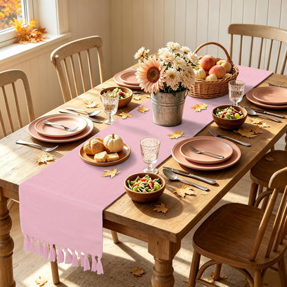 yuboo Pink Table Runner 72 Inches Long, Boho Woven Linen Farmhouse Dresser Table Runners with Tassels, Blush Pink Textured Table Decor for Kitchen Dining, Wedding, Party, Bridal Shower, Baby Shower