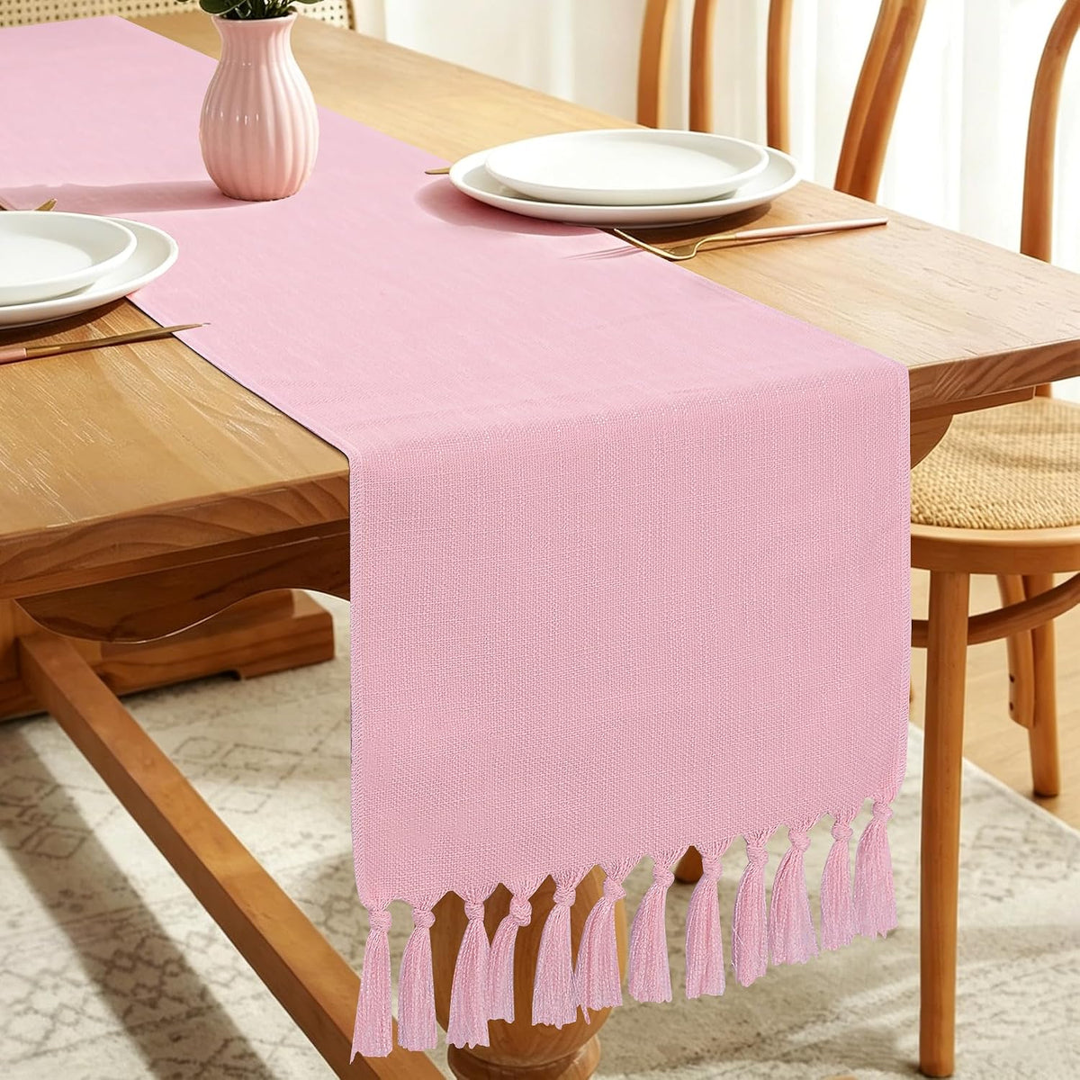 yuboo Pink Table Runner 72 Inches Long, Boho Woven Linen Farmhouse Dresser Table Runners with Tassels, Blush Pink Textured Table Decor for Kitchen Dining, Wedding, Party, Bridal Shower, Baby Shower
