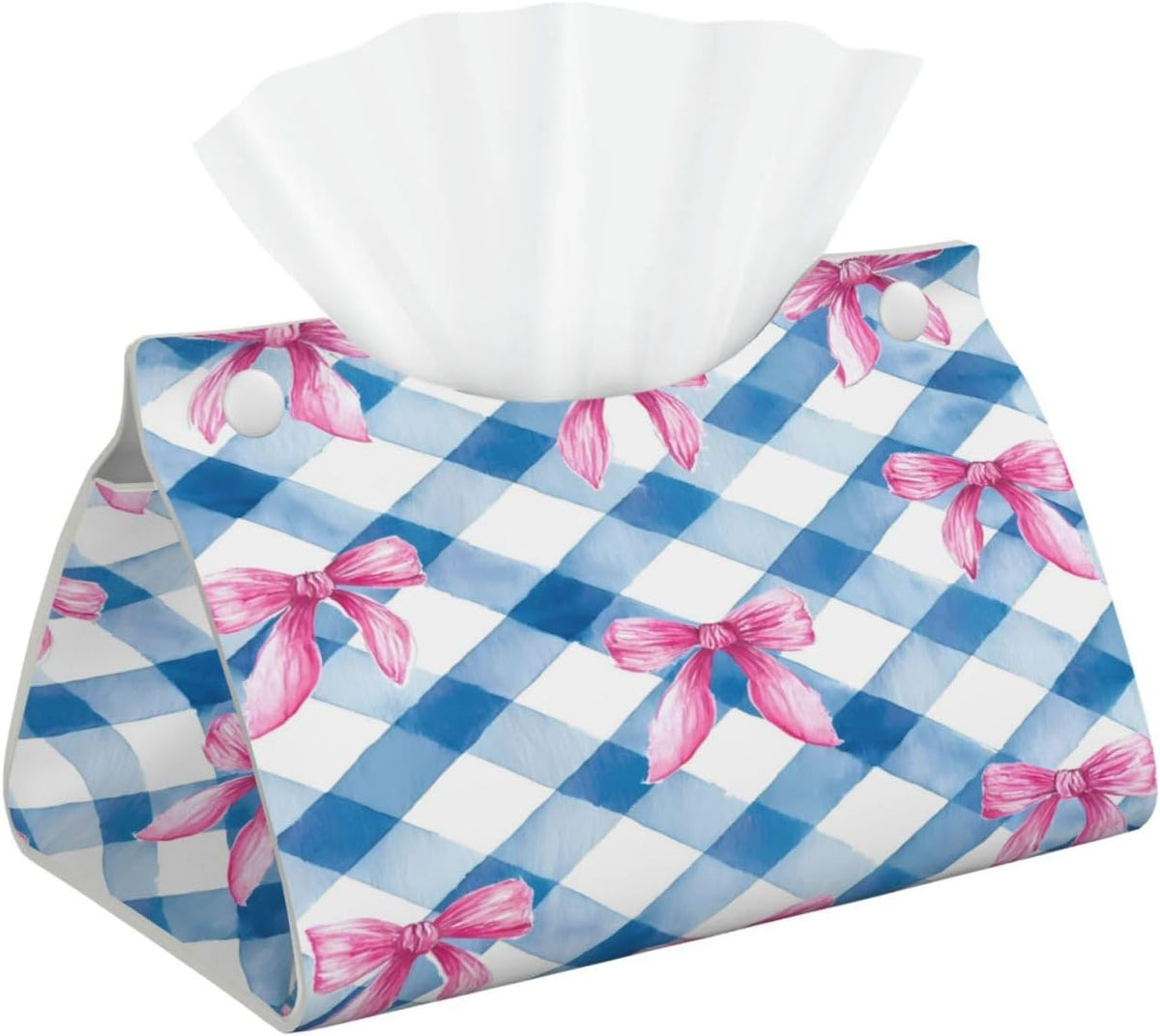 Pink Bows Blue Checkerboard Plaid Rectangle Tissue Box Cover PVC Faux Leather Tissue Boxes Holder Lightweight Tissue Box Cube for Bathroom Home Car Office